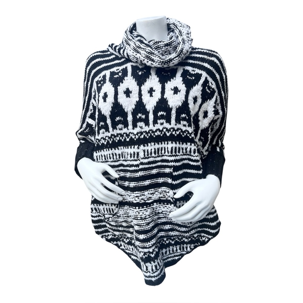 The Limited Cowl Neck Poncho Sweater Black & White Heavyweight w/ Pockets Sz S